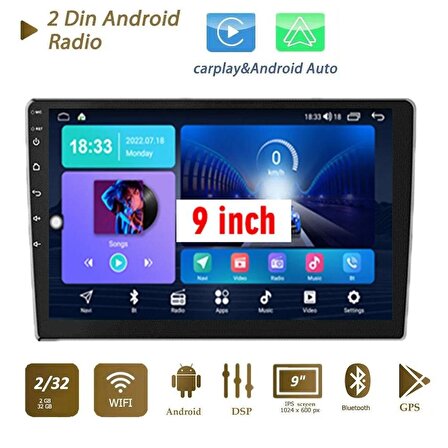 9 Inç Universal Android 13 Uyumlu / 2+64gb / Carplay Ve Android Auto Ile 2din Double Ekran 23-13cm