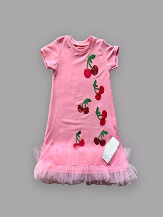 1-2-3 Yaş Payetli Kiraz Nakışlı Eteği Fırfırlı Jile Kız Çocuk Elbisesi