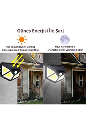 114 Ledli Solar Güneş Enerjili Bahçe Aydınlatması Hareket Sensörlü Lamba 3 Modlu Cob Led