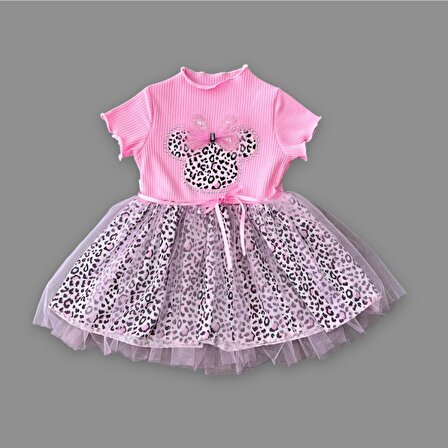 1-2-3 Yaş Fiyonklu Mickey Astarlı Etekli Kız Bebek Tütü Elbisesi