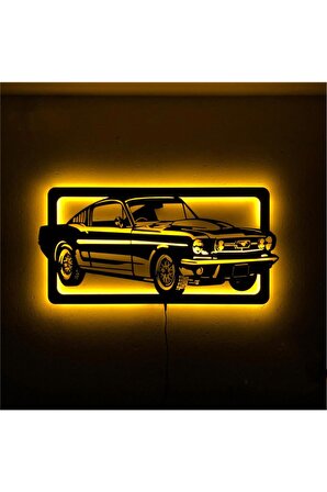Mustang Araba Figürü Led Işıklı Tablo Ahşap Duvar Dekorasyonu 35 X 70