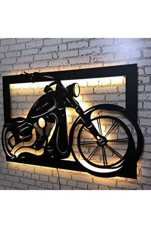 Harley Davıdson Motosiklet Figürü Üç Boyutlu Led Işıklı Tablo Ahşap Duvar Dekorasyonu 50 X 70