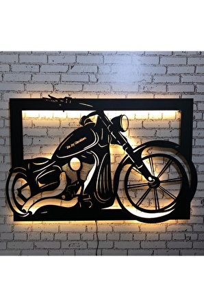 Harley Davıdson Motosiklet Figürü Üç Boyutlu Led Işıklı Tablo Ahşap Duvar Dekorasyonu 50 X 70