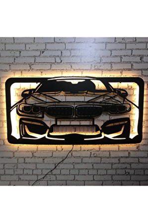 Bmw M4 Araba Figürü Üç Boyutlu Led Işıklı Tablo Ahşap Duvar Dekorasyonu 35 X 70