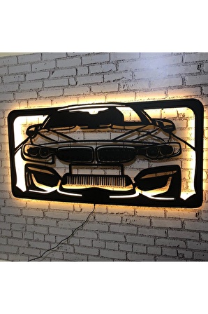 Bmw M4 Araba Figürü Üç Boyutlu Led Işıklı Tablo Ahşap Duvar Dekorasyonu 35 X 70