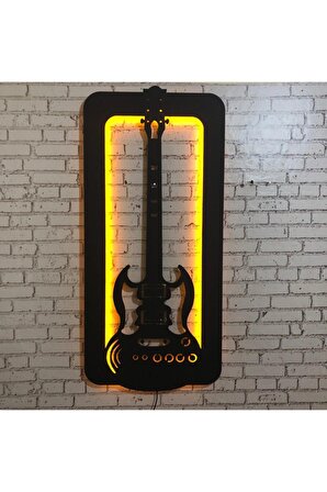 Guıtar Gitar Figürü Sarı Led Işıklı Üç Boyutlu Tablo Ahşap Duvar Dekorasyonu 35 X 70