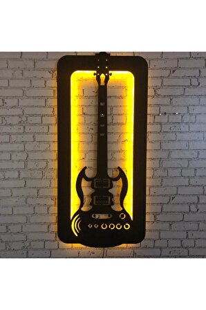 Guıtar Gitar Figürü Sarı Led Işıklı Üç Boyutlu Tablo Ahşap Duvar Dekorasyonu 35 X 70