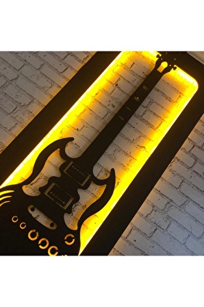 Guıtar Gitar Figürü Sarı Led Işıklı Üç Boyutlu Tablo Ahşap Duvar Dekorasyonu 35 X 70