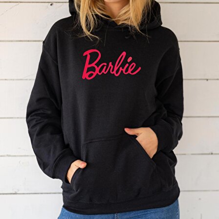 Kapüşonlu ipli Mevsimlik Kadın Barbie Sweatshirt Hoodie Siyah Pembe XXL