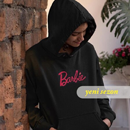 Kapüşonlu ipli Mevsimlik Kadın Barbie Sweatshirt Hoodie Siyah Pembe XXL