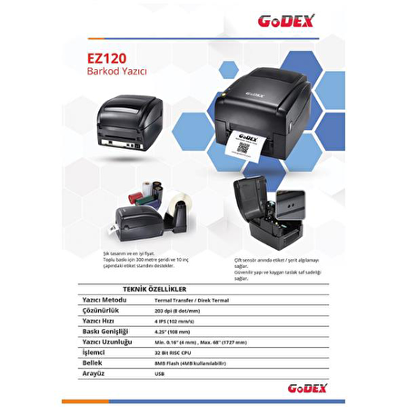 Godex EZ120 Termal Etiket Yazıcı 203 dpi 4 IPS 
