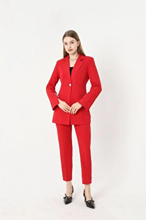 Kırmızı Taş Detaylı Ceket Pantolon Takım