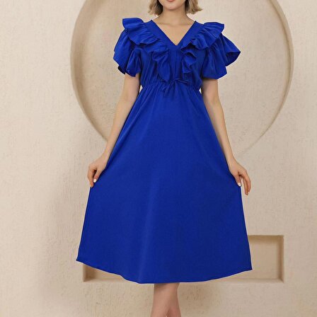 Mavi Volanlı Kısa Kollu Maxi Elbise