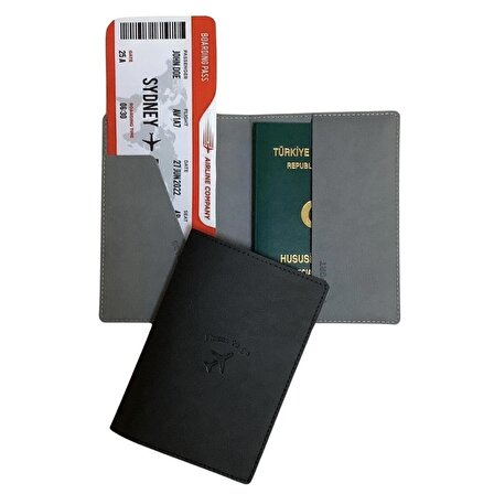 Acar Mira Vegan Deri Çift Renkli Pasaportluk Pasaport Kılıfı Seyahat Cüzdanı Siyah-Gri
