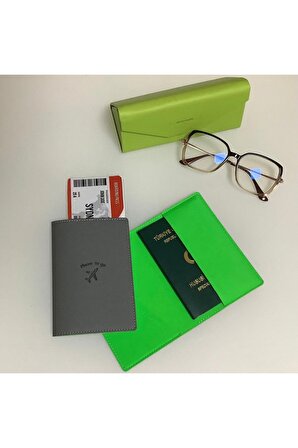 Acar Mira Vegan Deri Çift Renkli Pasaportluk Pasaport Kılıfı Seyahat Cüzdanı Gri-Neon Yeşil
