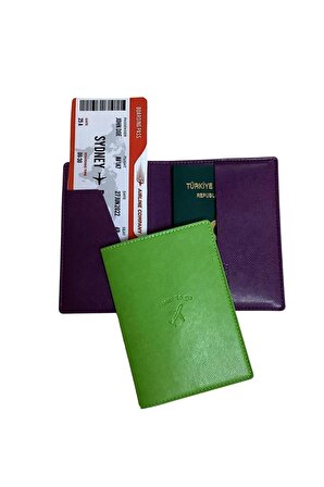 Acar Mira Vegan Deri Çift Renkli Pasaportluk Pasaport Kılıfı Seyahat Cüzdanı Yeşil-Mor