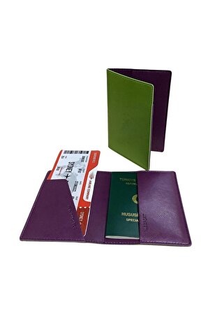 Acar Mira Vegan Deri Çift Renkli Pasaportluk Pasaport Kılıfı Seyahat Cüzdanı Yeşil-Mor