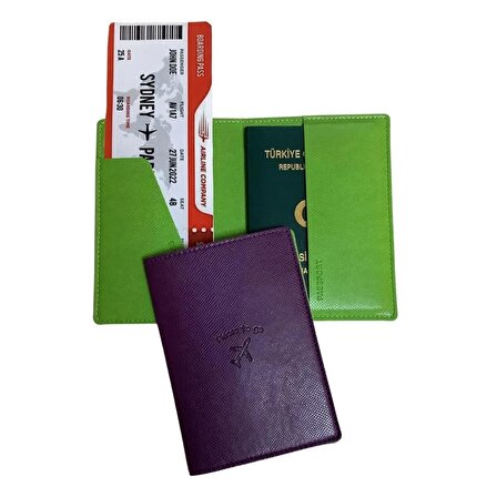 Acar Mira Vegan Deri Çift Renkli Pasaportluk Pasaport Kılıfı Seyahat Cüzdanı Mor-yeşil