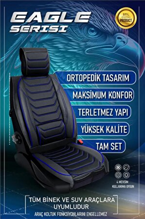 
Citroen C3 Uyumlu Lüks Deri Oto Koltuk Kılıfı Tam Takım Set Antalya Siyah-Mavi