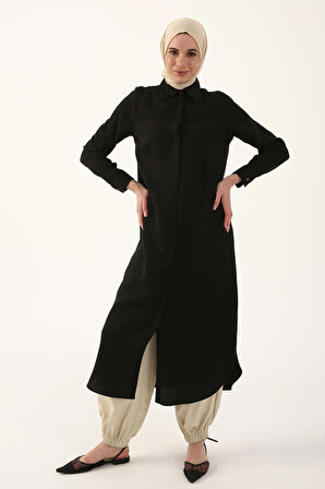Siyah Gizli Patlı Basic Uzun Gömlek Tunik