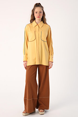 Sarı Renkli Biye Detaylı Viscon Gömlek