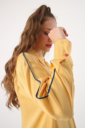 Sarı Renkli Biye Detaylı Viscon Gömlek
