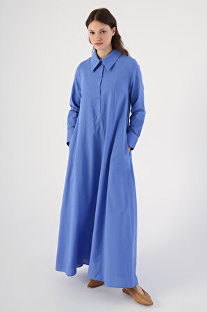 Mavi %100 Pamuk Yarım Patlı Gömlek Yaka Cepli Elbise