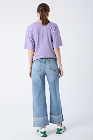 Mavi01 %100 Pamuk Yüksek Bel Bol Paça Katlama Detaylı Denim Pantolon