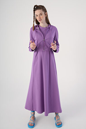 Mor Fermuarlı Kısa Hırkalı Kolsuz Elbiseli Takım