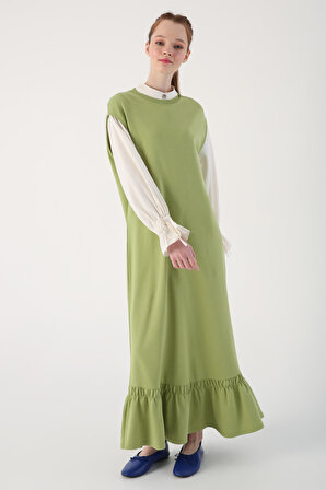 Açık Yeşil Eteği Fırfırlı Kolsuz Örme Elbise