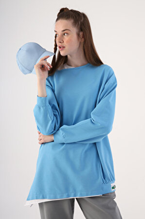 Mavi Pamuklu Garnili İki Renkli Asimetrik Sweatshirt