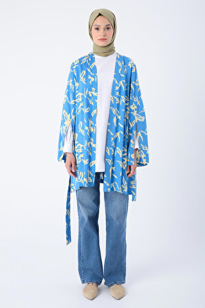 Mavi-Bej Oversize Kol Yırtmaç Detaylı Kuşaklı Desenli Kimono