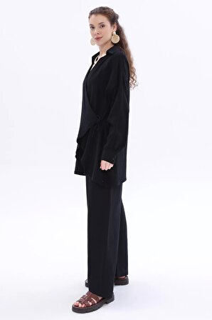 Siyah %100 Pamuklu Bağlama Detaylı Gömlek Yaka Kimono
