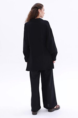Siyah %100 Pamuklu Bağlama Detaylı Gömlek Yaka Kimono