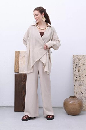 Taş %100 Pamuklu Bağlama Detaylı Gömlek Yaka Kimono