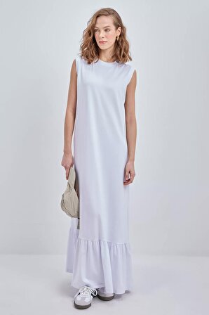 Beyaz Pamuklu Fırfırlı İçlik Elbise