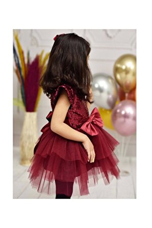 Kız Çocuk Bordo Payetli Parıltılı Kat Kat Tütü Kabarık Elbise