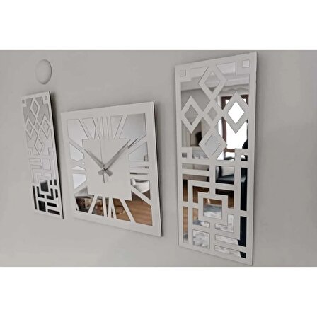 Roma Rakamlı Modern & Şık Tasarım Beyaz Mdf Üzeri Gümüş Renk Aynalı Pleksi 3lü Duvar Saat Seti