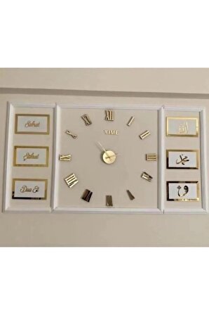 Roma Rakamlı Gold Pleksi Saat ve Sabret Şükret Dua Et 6 lı Tablo Seti 50-60 cm