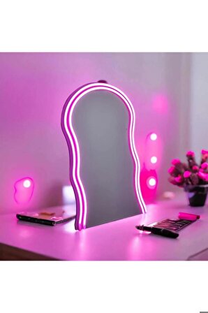 Neon Ledli Dekoratif Şık Duvar Aynası / Makyaj Aynası 