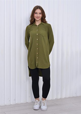 Kadın Uzun Önden Düğmeli Aerobin Tunik Gömlek Haki
