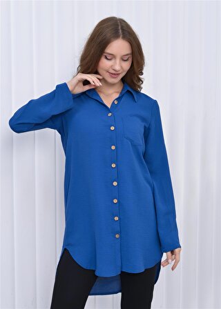 Kadın Uzun Önden Düğmeli Aerobin Tunik Gömlek Mavi