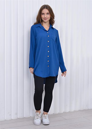 Kadın Uzun Önden Düğmeli Aerobin Tunik Gömlek Mavi