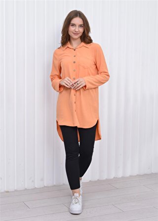 Kadın Uzun Önden Düğmeli Aerobin Tunik Gömlek Orange