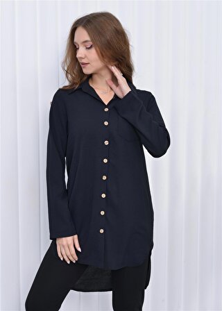 Kadın Uzun Önden Düğmeli Aerobin Tunik Gömlek Siyah