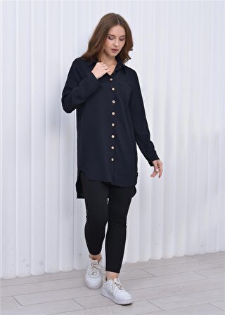 Kadın Uzun Önden Düğmeli Aerobin Tunik Gömlek Siyah