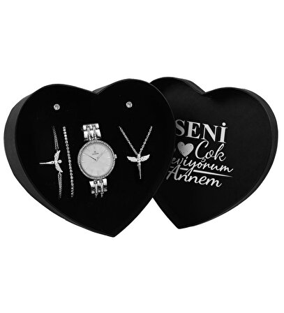 Anneler Gününe Özel Tasarım Kalp Kutu & Melek Kolye & İkili Zirkon Taşlı Bileklik & İkili Küpe & Metal Kordon Saat Seti 
