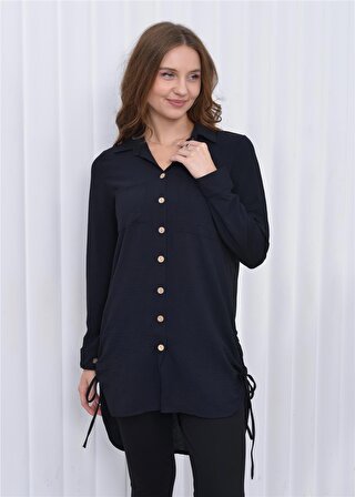 Kadın Yandan İp Detaylı Aerobin Tunik Gömlek Siyah