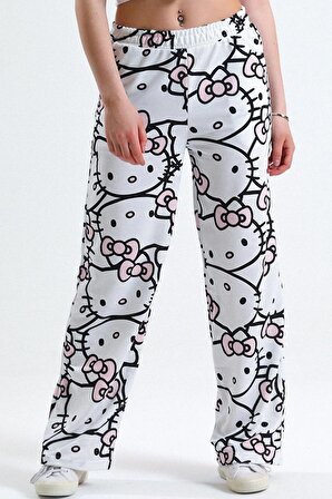 Unisex Beyaz Hello Kitty Cat Bol Paça Eşofman Altı XL beden