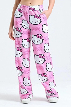 Unisex Pembe Hello Kitty Cat Bol Paça Eşofman Altı pembe S